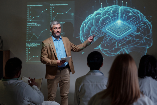 Speaker presenting artificial intelligence in healthcare
